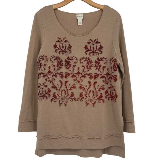 Chico’s 1 Zenergy womens Applique Top Tunic Tan Long Sleeve cotton size medium - Picture 2 of 7
